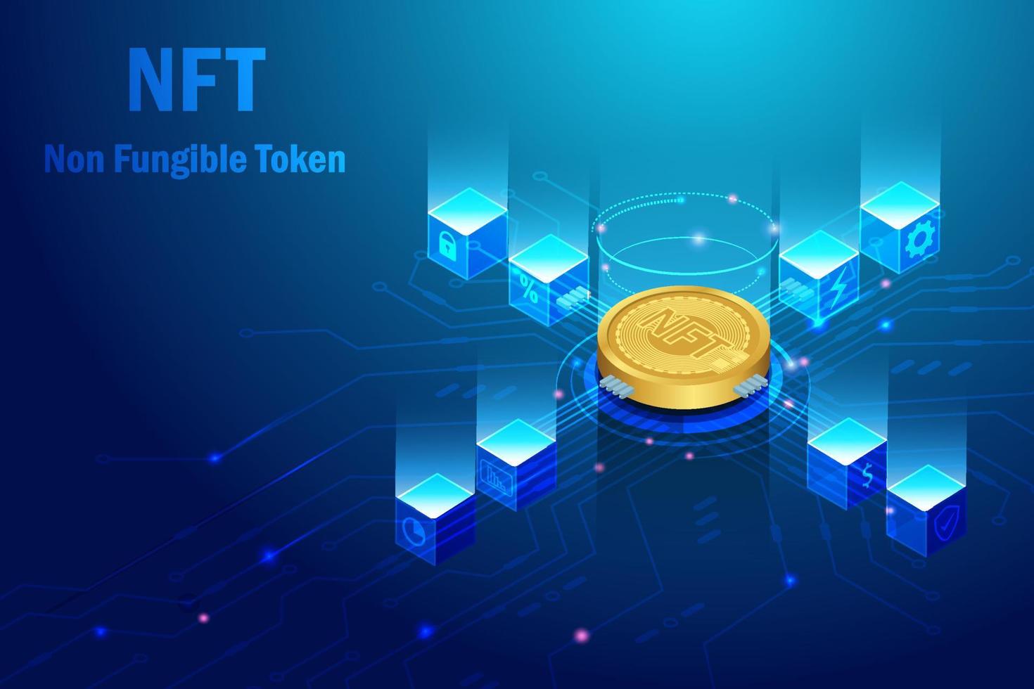 nft niet fungibel token met blok keten technologie. 3d nft crypto munt voor inbaar digitaal kunst en blok keten in elektronisch stroomkring bord futuristische achtergrond. vector