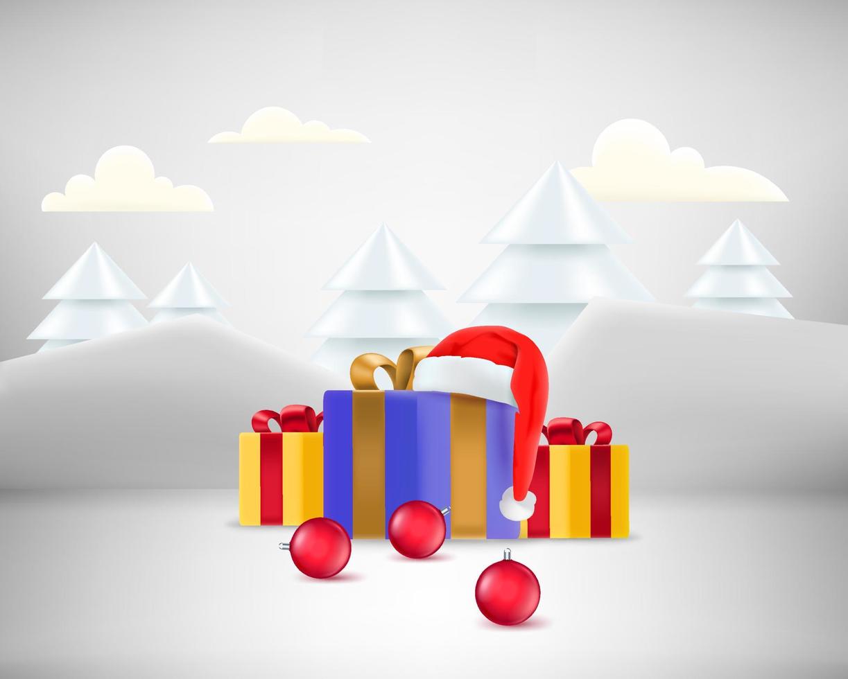 Kerstmis vitrine met geschenk dozen en de kerstman claus hoed. realistisch vitrine. 3d stijl vector illustratie