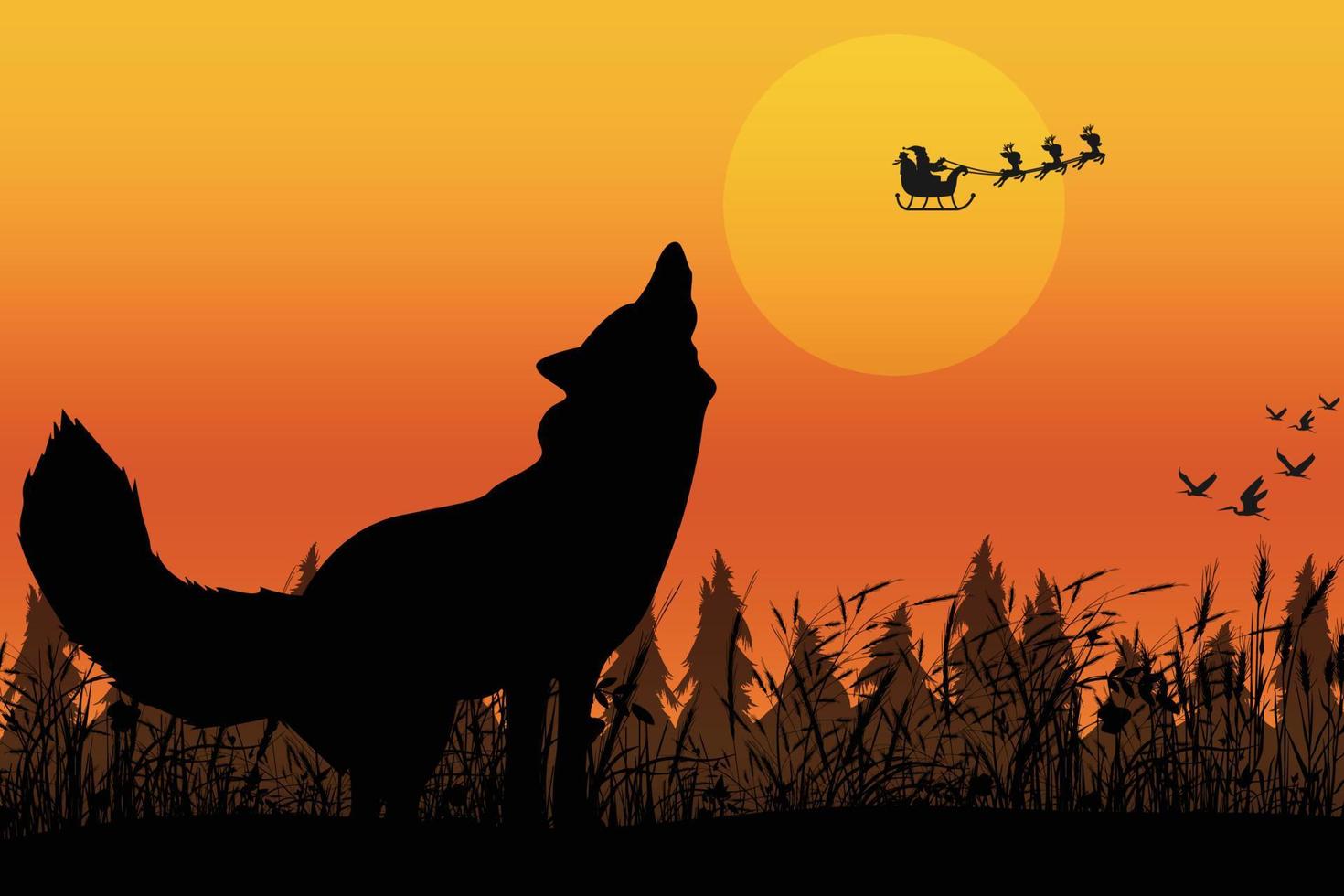 schattig wolf en zonsondergang silhouet grafisch vector