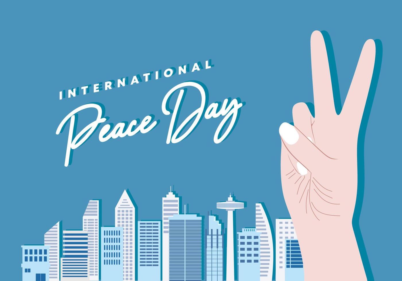 Internationale vrede dag met vrede hand- en toren gebouw vector