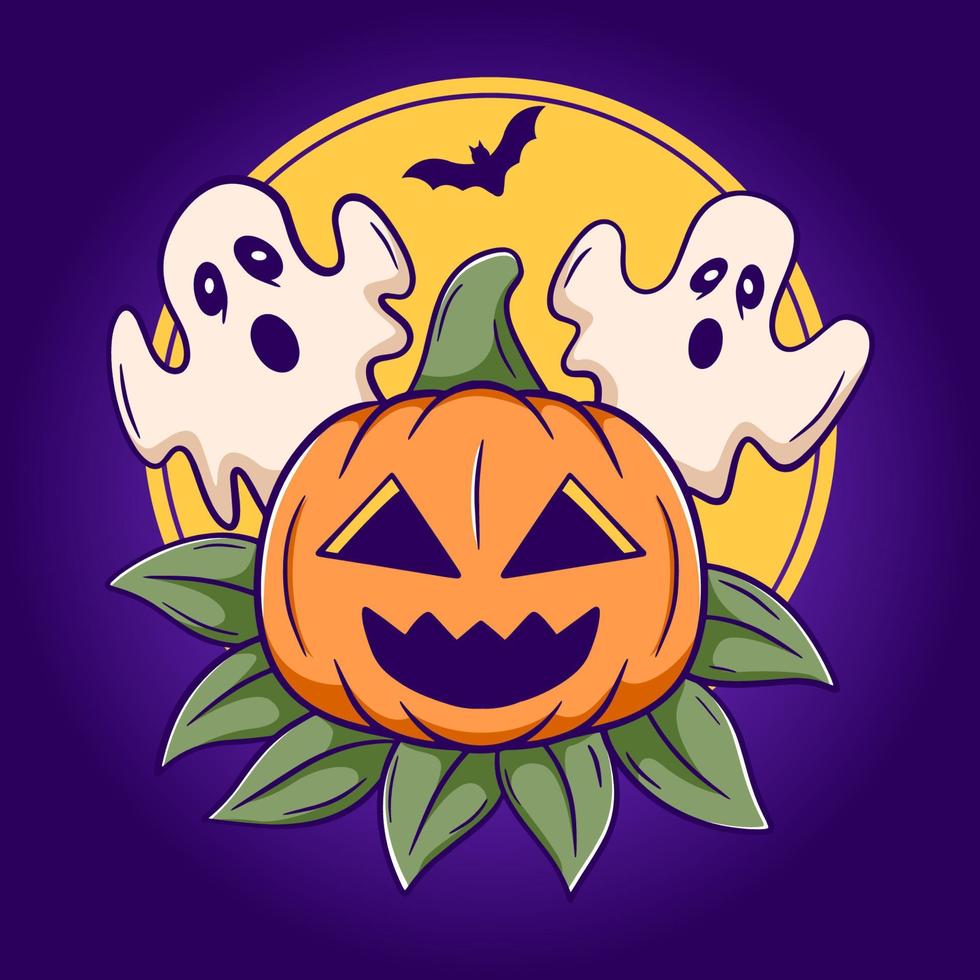 schattig pompoen en geest, grappig halloween tekenfilm illustratie vector