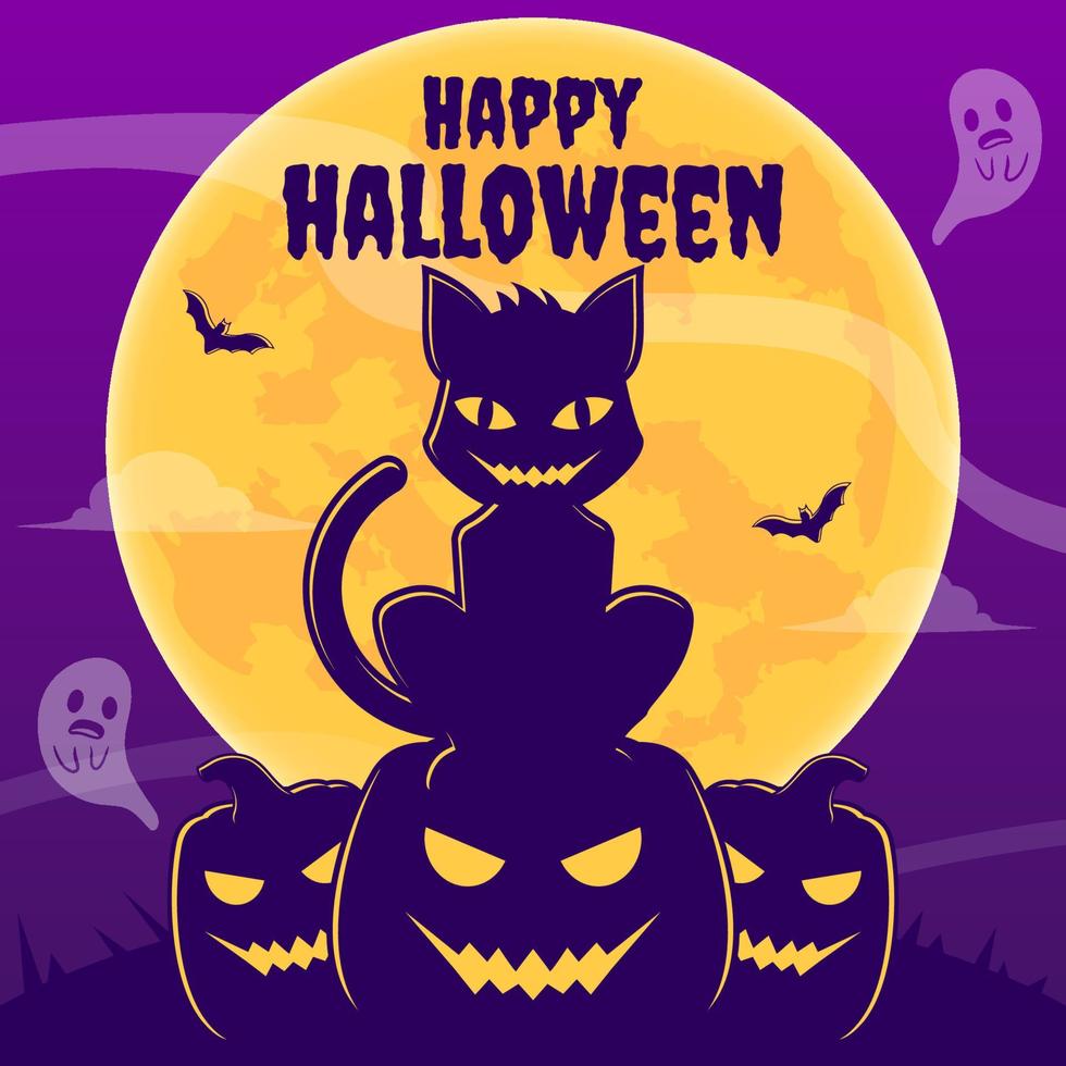 Welkom banier halloween, eng kat zittend Aan pompoen tekenfilm illustratie vector