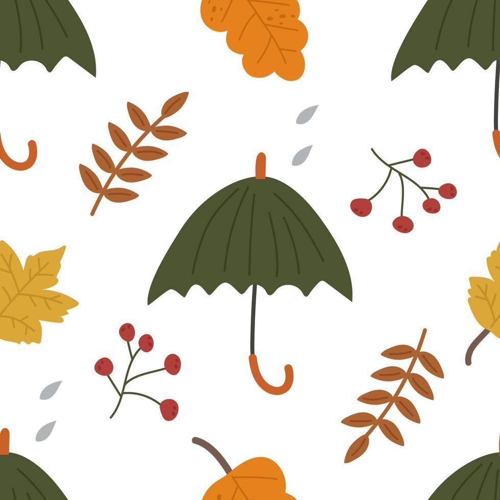 naadloos knus herfst patroon met paraplu, regenen, bessen en bladeren. vector illustratie voor warm val, het drukken Aan kleren, verpakking, kleding stof, papier.