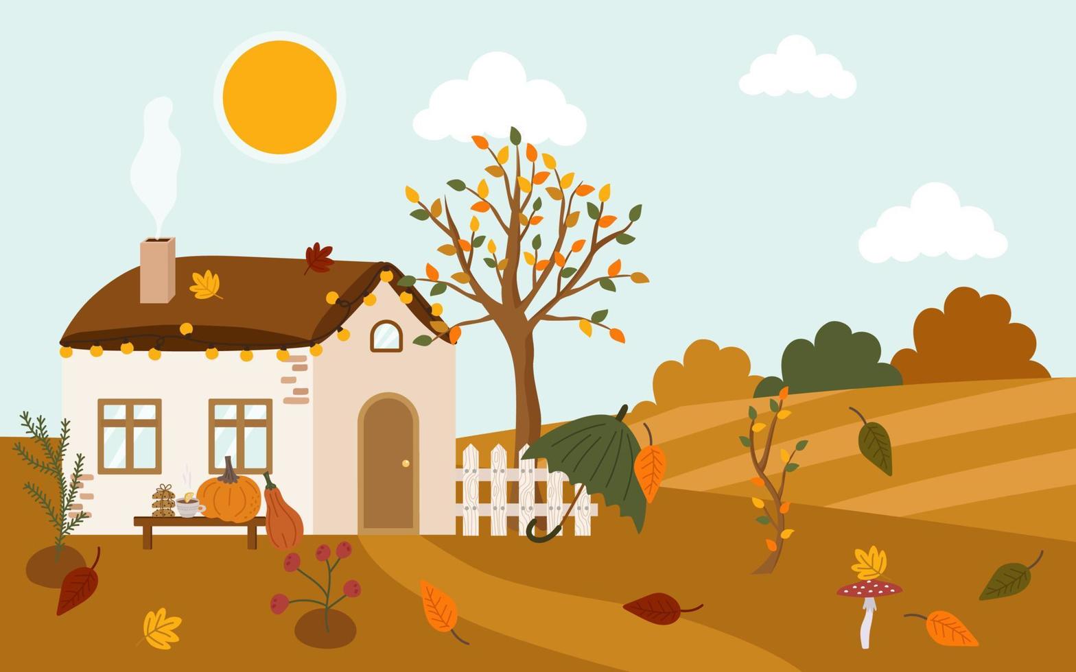 herfst knus landelijk huis. schattig rustiek landschap met bladeren, pompoen, wit schutting, boom, struiken, gazon. vector illustratie van een vallend dag buiten de stad.