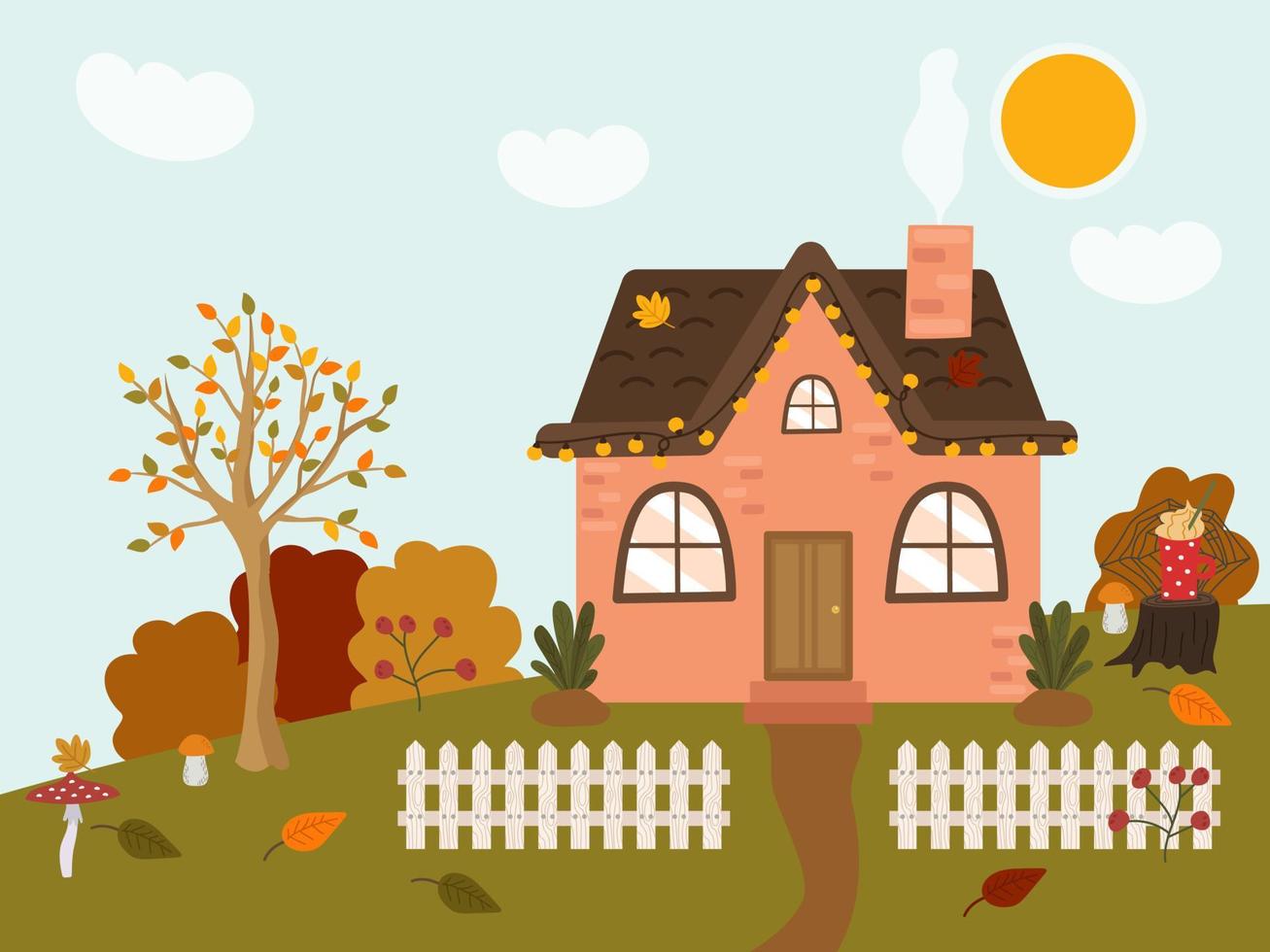 herfst knus rustiek huis met een bruin dak. schattig rustiek landschap met een wit schutting, boom, struiken, gazon. vector illustratie van een vallend dag buiten de stad.