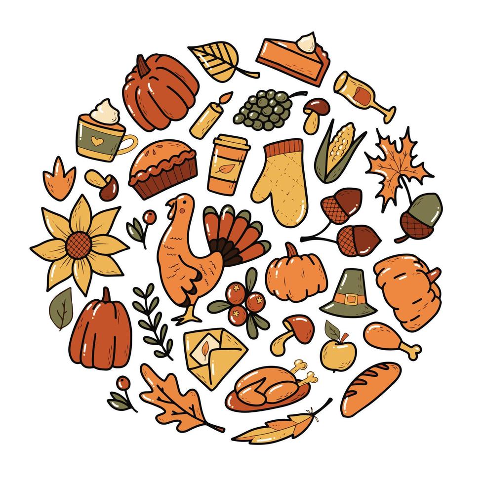 reeks van herfst en dankzegging doodles voor stickers, afdrukken, kaarten, planners, tekens, logo's, pictogrammen, enz. hand- getrokken tekenfilm elementen. eps 10 vector