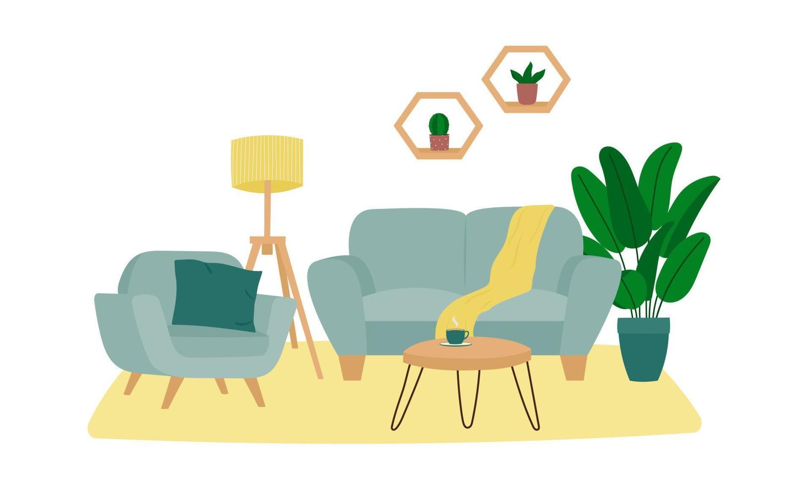 interieur ontwerp van leven kamer met bank, fauteuil, tafel, verdieping lamp en kamerplant. modieus samenstelling met huis decoraties. vector