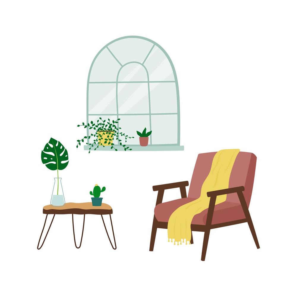 interieur ontwerp van leven kamer met fauteuil, venster, tafel en kamerplanten. modieus samenstelling met huis decoraties. vector