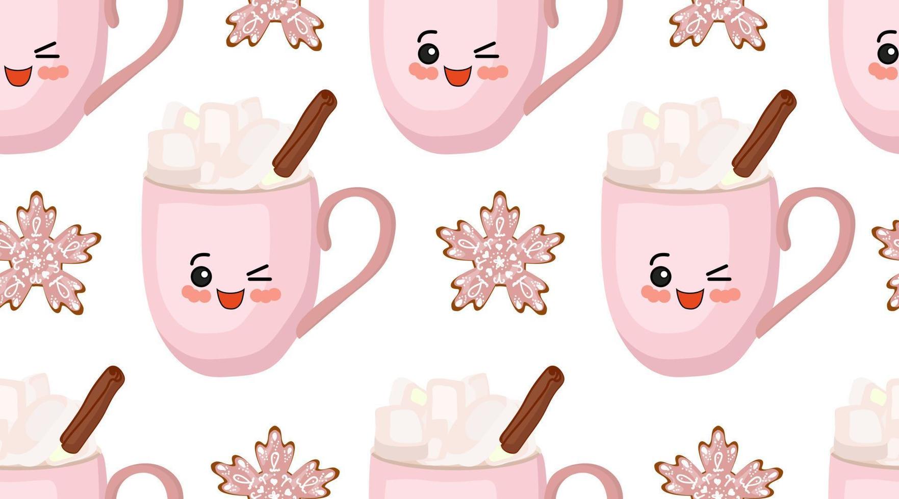 nieuw jaar naadloos patroon. winter drankjes. marshmallows, kaneel en heet chocola. inschrijving kerstmis. sneeuwvlokken bakken. roze kop karakter. vector