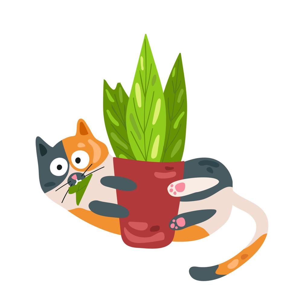 de gevlekte kat heeft gebeten uit een blad van een bloem en is spelen in de omgeving van. grappenmaker kat. vector illustratie