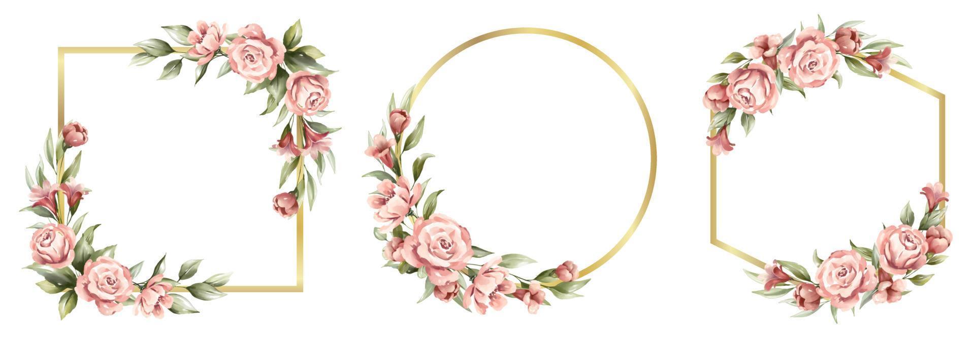 mooi roze bloemen waterverf met gouden kader vector