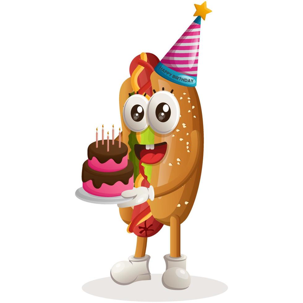 schattig hotdog mascotte vervelend een verjaardag hoed, Holding verjaardag taart vector