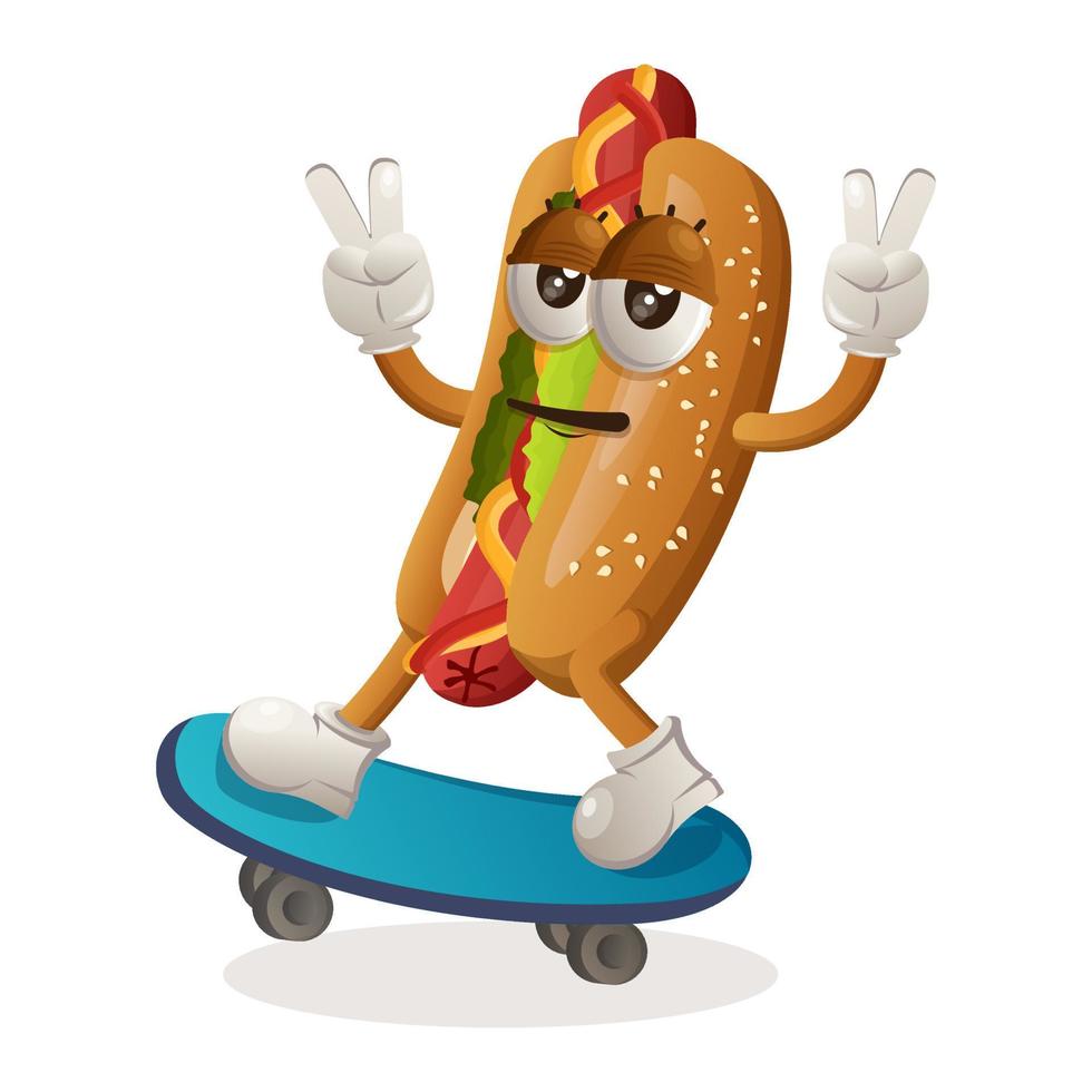 schattig hotdog mascotte spelen skateboard, skateboarden vector