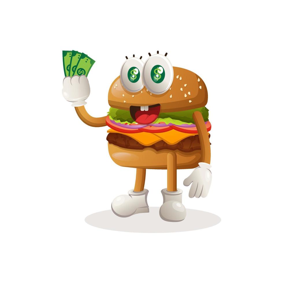 schattig hamburger mascotte ontwerp Holding geld vector