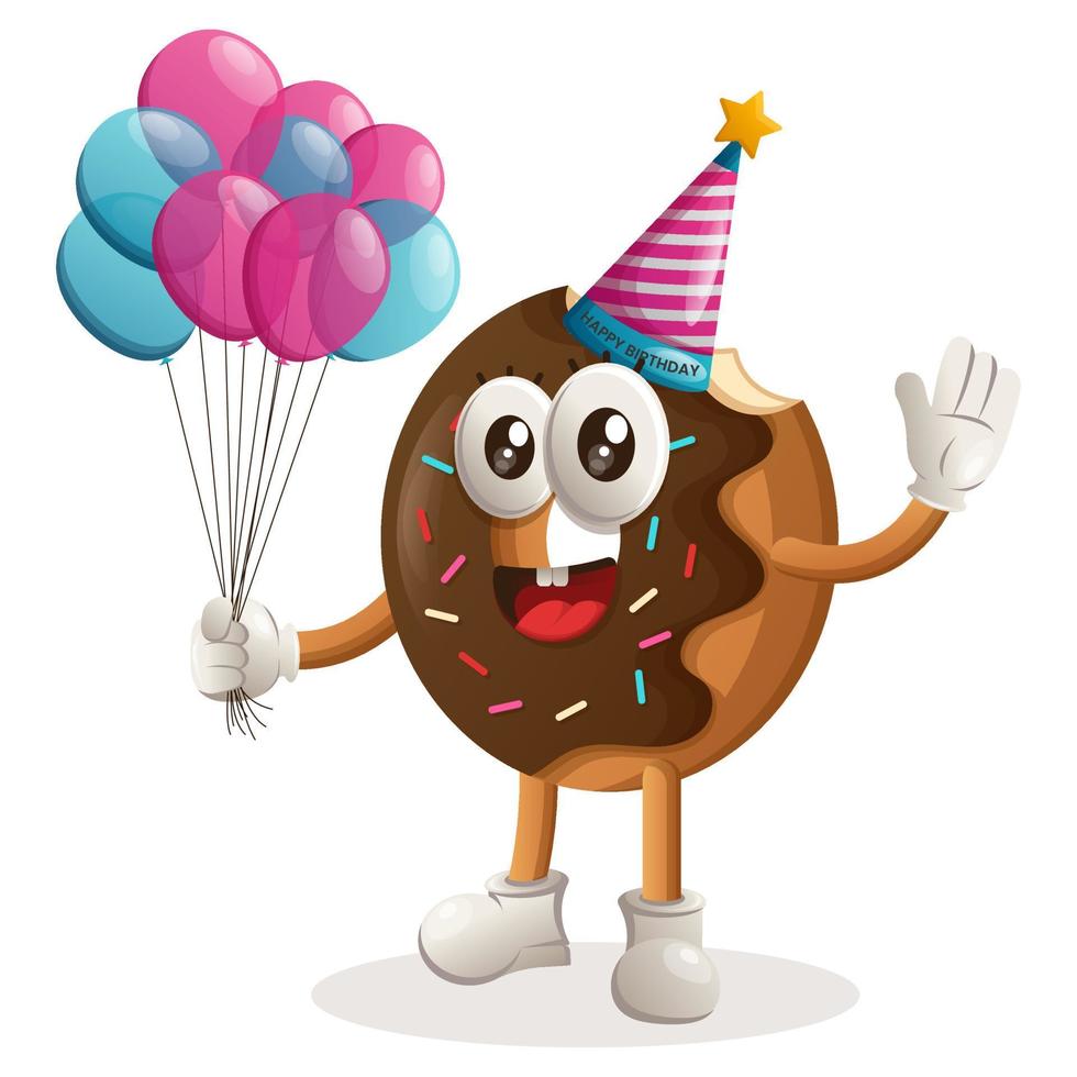 schattig donut mascotte vervelend een verjaardag hoed, Holding ballonnen vector