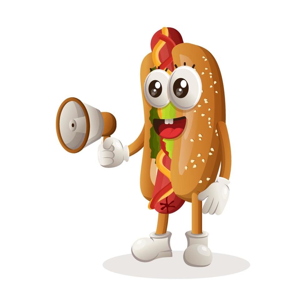 schattig hotdog mascotte Holding megafoon vector
