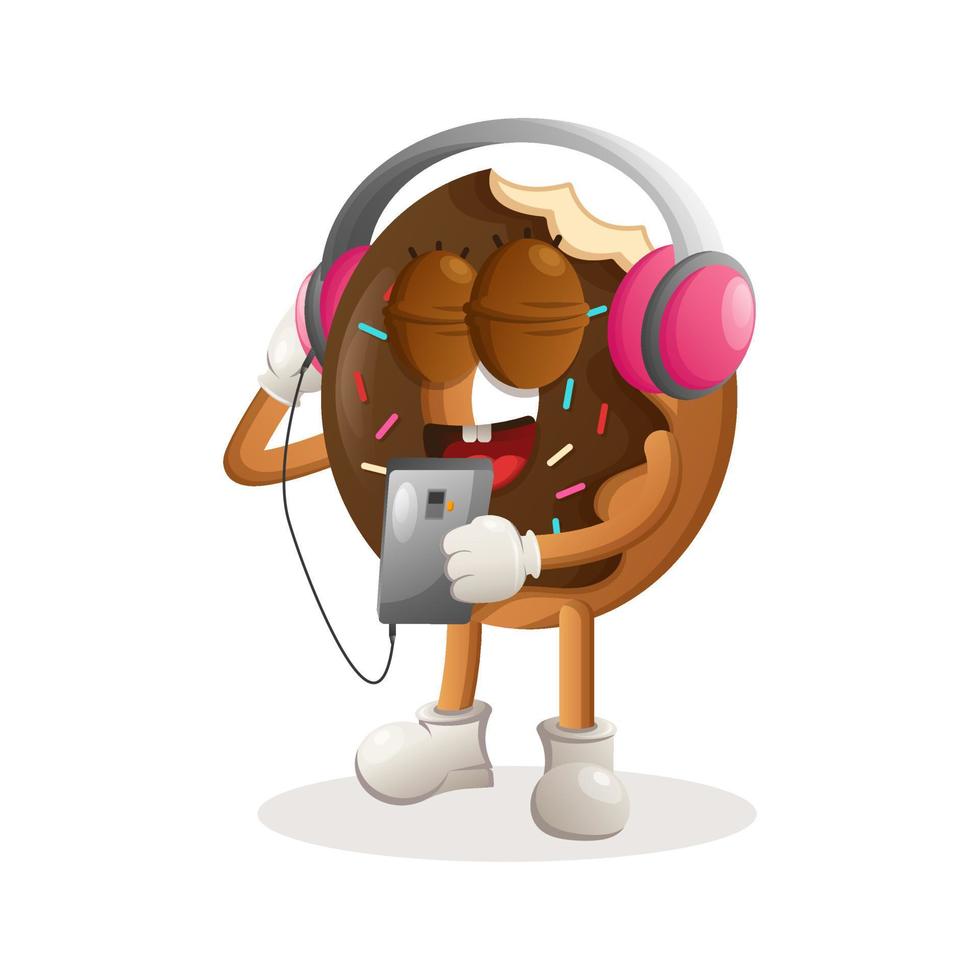 schattig donut mascotte luisteren muziek- Aan een smartphone gebruik makend van een koptelefoon vector