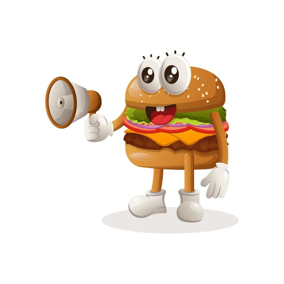 schattig hamburger mascotte ontwerp Holding megafoon vector