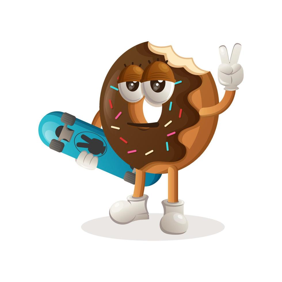 schattig donut mascotte draag- een skateboard vector