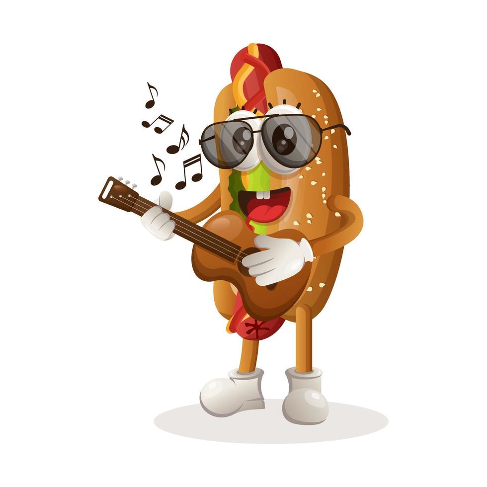 schattig hotdog mascotte spelen gitaar vector