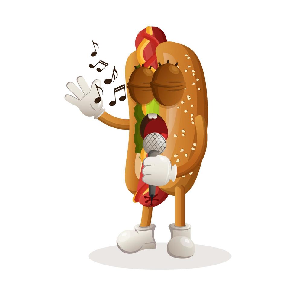 schattig hotdog mascotte zingen, zingen een lied vector