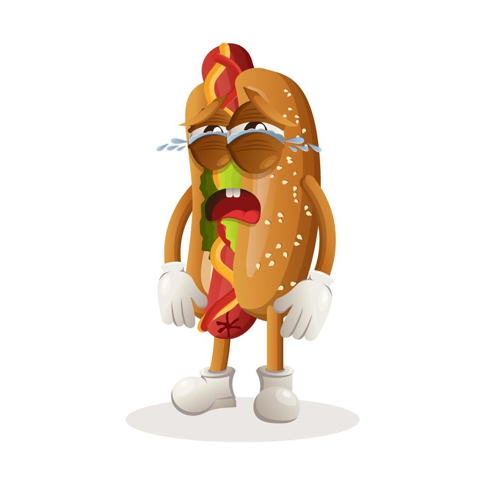 schattig hotdog mascotte huilen vector