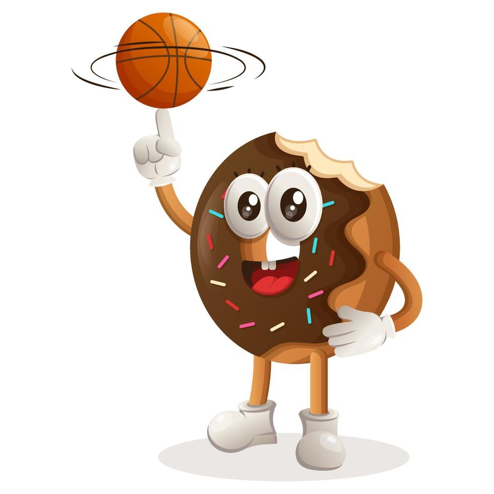 schattig donut mascotte spelen basketbal, vrije stijl met bal vector