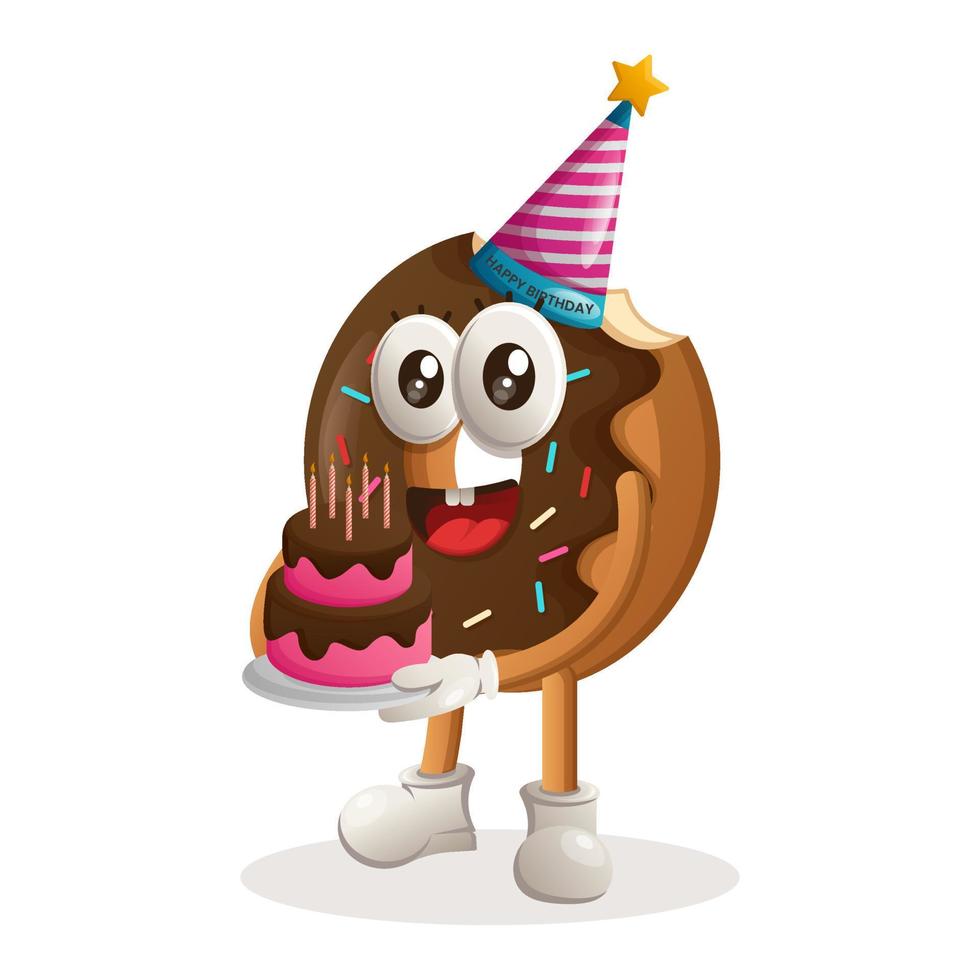 schattig donut mascotte vervelend een verjaardag hoed, Holding verjaardag taart vector