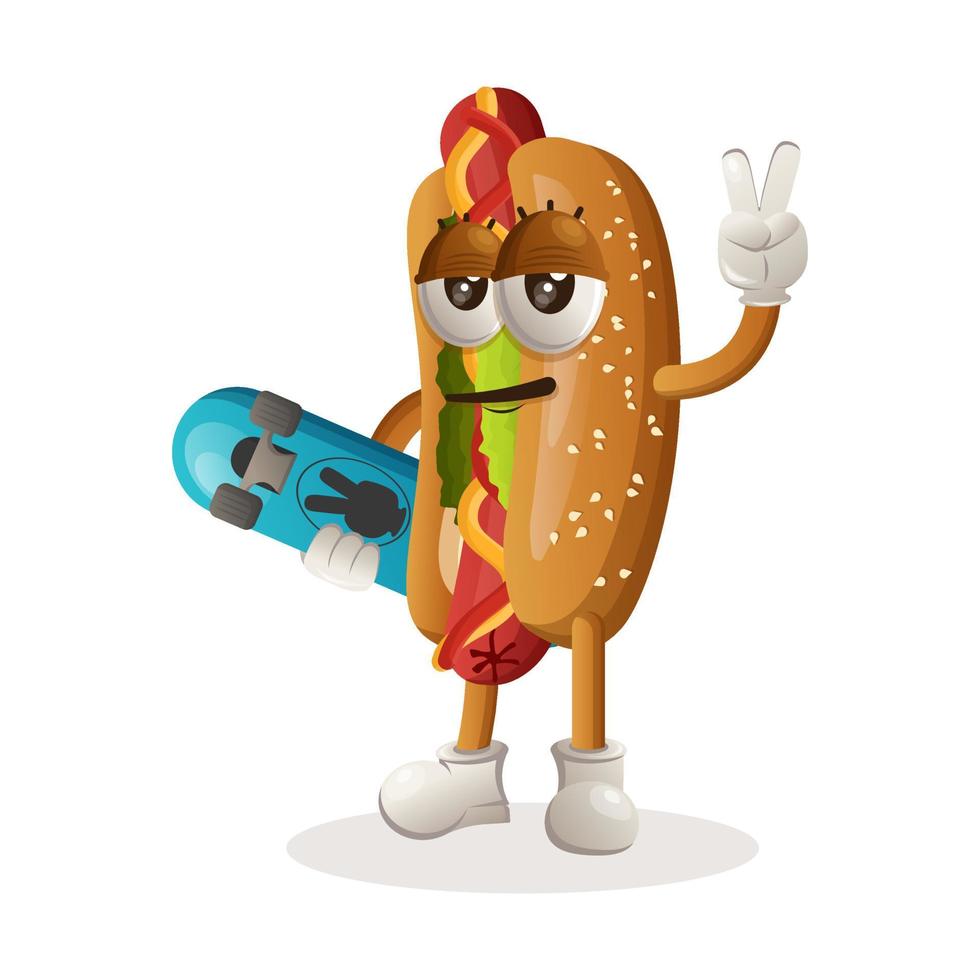 schattig hotdog mascotte draag- een skateboard vector