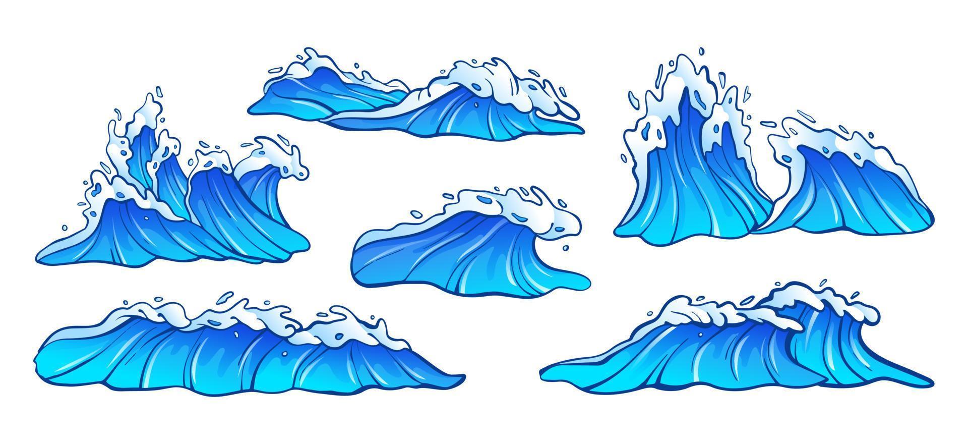 blauw oceaan golven met wit schuim verzameling. zee golven, surfen en water spatten illustratie reeks vector