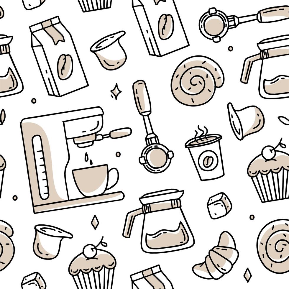 koffie patroon met turken en capsules Aan een wit achtergrond. vector illustratie in tekening stijl