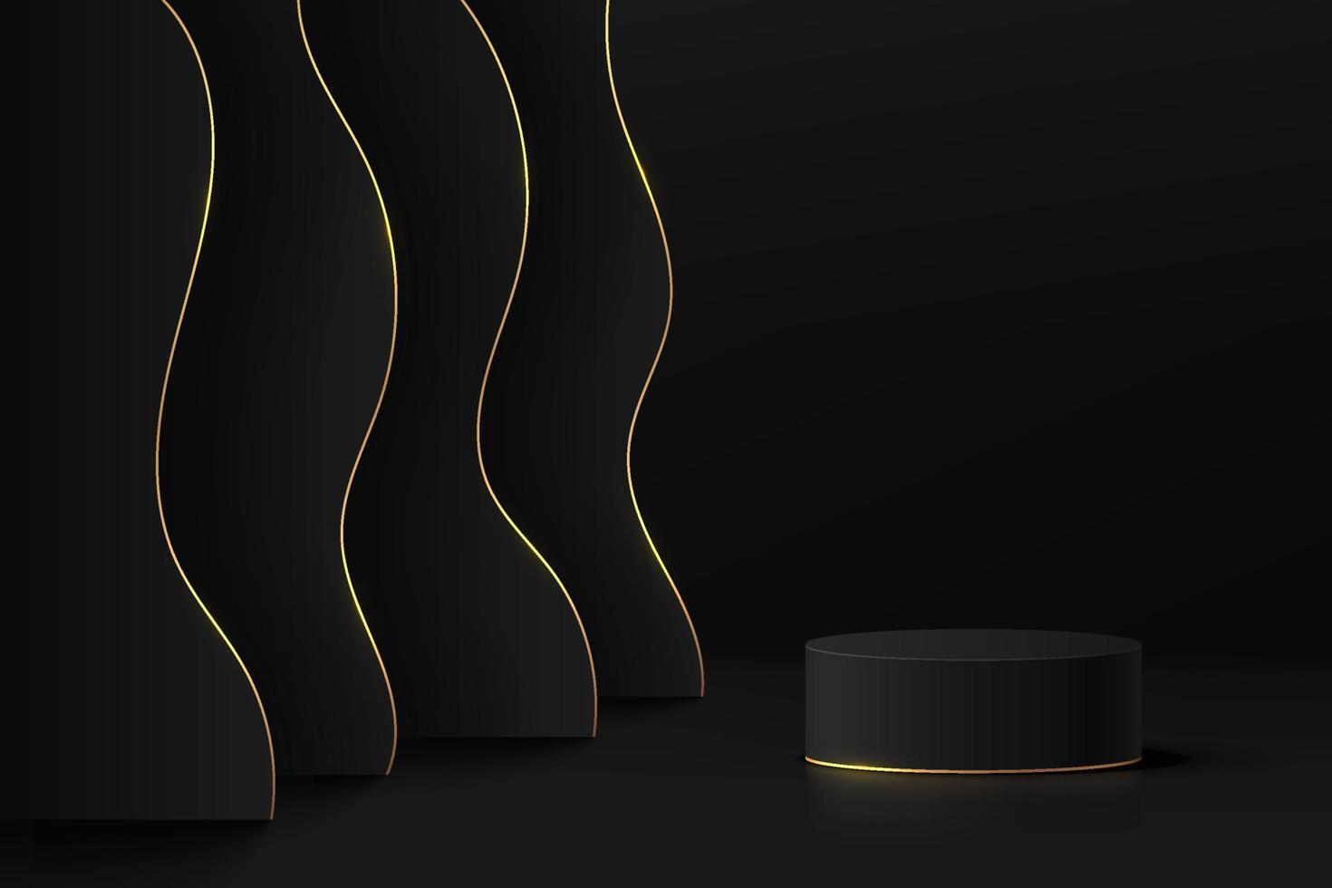 abstract zwart 3d kamer met realistisch zwart cilinder voetstuk podium en luxe lagen golvend achtergrond. minimaal tafereel voor Product Scherm presentatie. vector meetkundig platform. stadium voor vitrine.