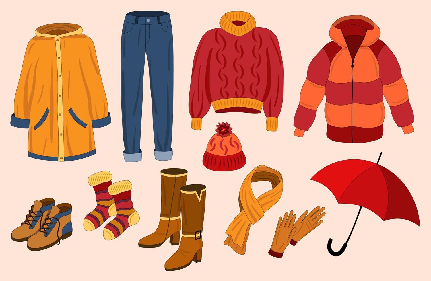 vallen seizoen kleding en accessoires. hand- getrokken kleurrijk reeks met sokken, regenjas, laarzen, hoed, paraplu, sjaal, jasje, handschoenen, jeans, trui, hoog laarzen. vector. vector