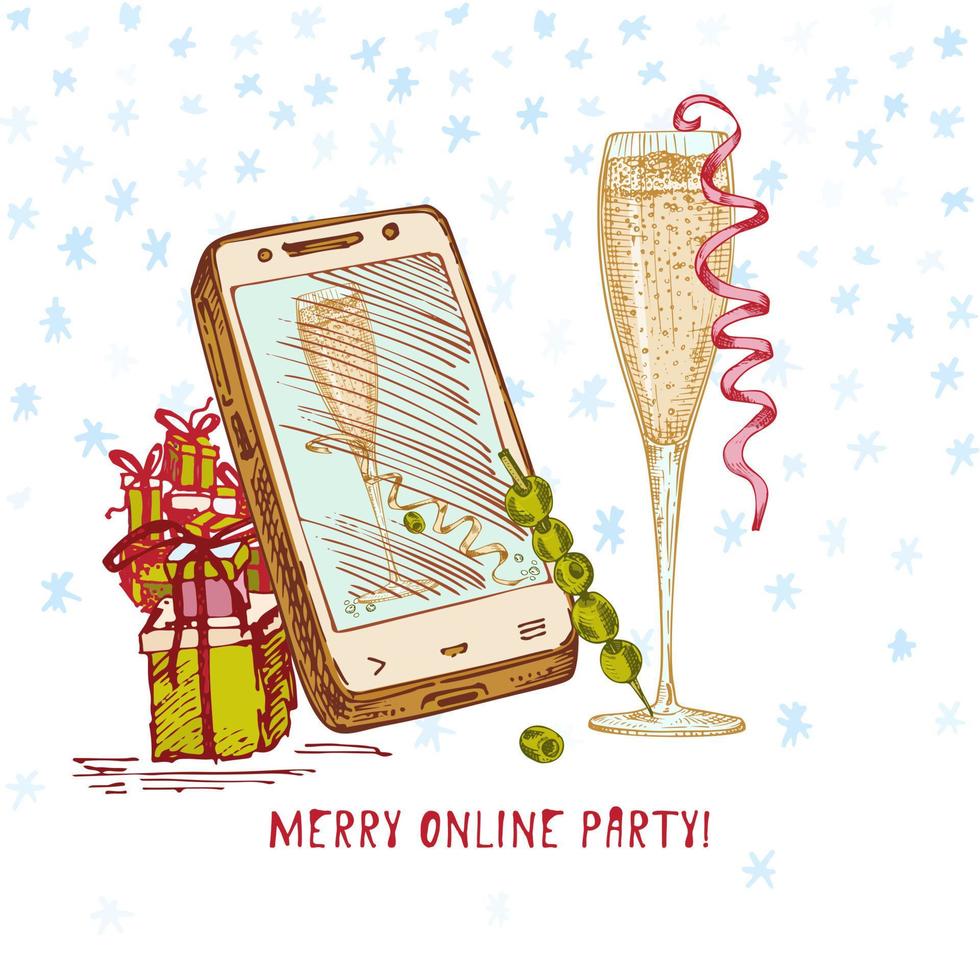 feestelijk kerstmis, nieuw jaar concept vakantie online groet partij hand- getrokken smartphone, geschenken, glas van Champagne Aan besneeuwd achtergrond tekst vrolijk online partij vector illustraties