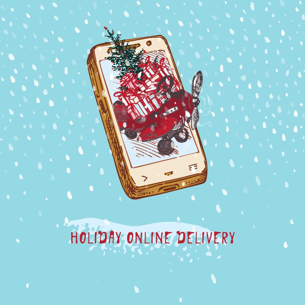 feestelijk kerstmis, nieuw jaar concept vakantie levering. hand- getrokken smartphone, rood vliegtuig met Spar boom, rood ballen en cadeaus Aan besneeuwd achtergrond tekst vakantie online levering vector illustraties