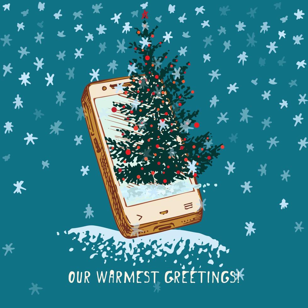 feestelijk kerstmis, nieuw jaar concept vakantie online groet hand- getrokken smartphone en Spar boom versierd rood ballen Aan besneeuwd achtergrond tekst onze warmste groet vector illustraties