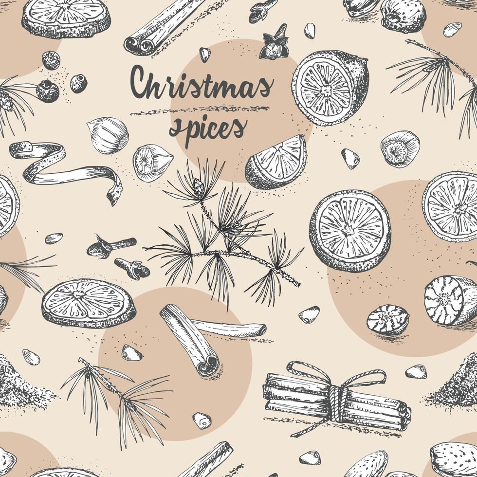 naadloos patroon met hand- getrokken Kerstmis winter kruiden, bril van traditioneel heet winter drankjes en wijn fles. mooi zo idee voor Sjablonen menu, recepten, groet kaarten . vector illustratie