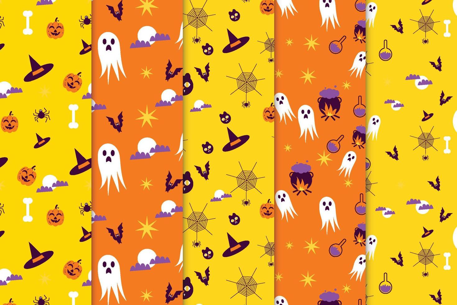 naadloos halloween patroon bundel ontwerp met geel en oranje achtergrond. eng halloween patroon verzameling voor boek Hoes en behang. abstract patroon decoratie reeks met geesten en hekserij. vector