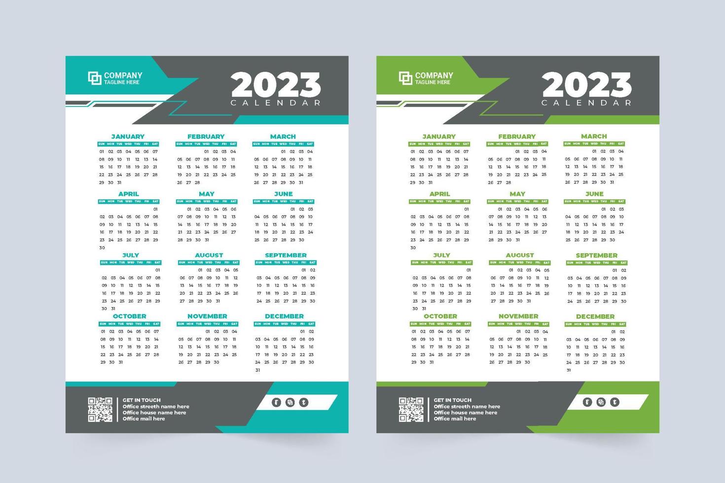 bedrijf jaar- kalender voor 2023 nieuw jaar. kantoor organisator en muur kalender ontwerp met blauw en groen kleuren. 2023 kalender vector illustratie met abstract vormen. de week begint Aan zondag.