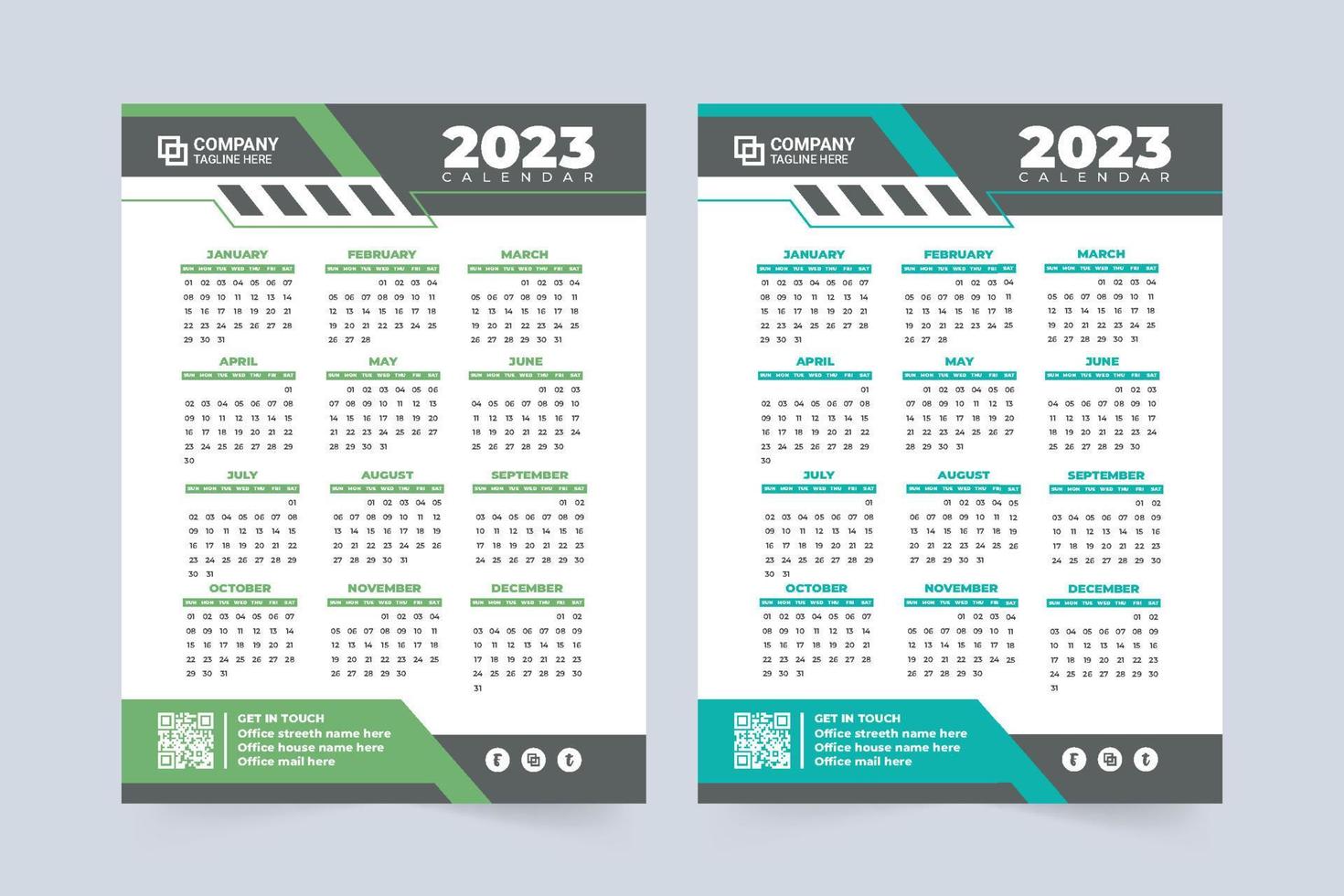 bedrijf jaar- kalender vector illustratie voor 2023 nieuw jaar. de week begint Aan zondag. 2023 muur kalender en bureau organisator decoratie met blauw en groen kleuren. zakelijke kalender sjabloon.