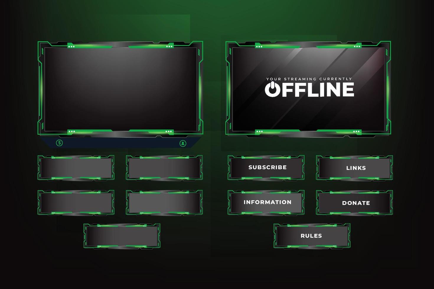 gaming scherm bedekking decoratie met futuristische vormen en donker kleur. leven gaming bedekking ontwerp met toetsen en scherm panelen. leven streaming bedekking vector met groen kleur voor online gamers.