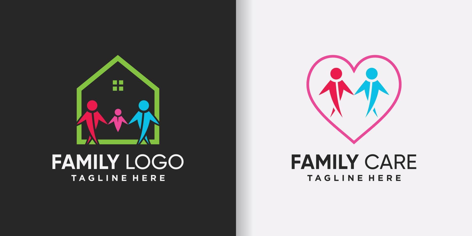 creatief familie logo ontwerp sjabloon met huis en liefde element premie vector