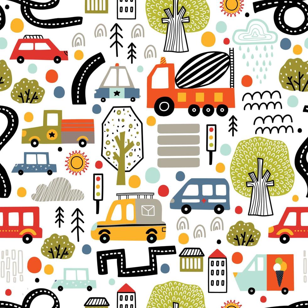 schattig kinderen naadloos patroon met auto's, weg, park, huizen Aan een wit achtergrond.kan worden gebruikt in textiel industrie, papier, achtergrond, scrapbooking.vector vector