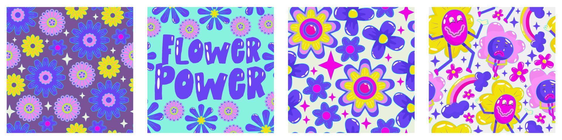 daisy flower power poster set voor printontwerp. abstract trippy psychedelisch patroon. flowerpower. grappige vectorillustratie. retro poster uit 1990 voor t-shirtontwerp. vector