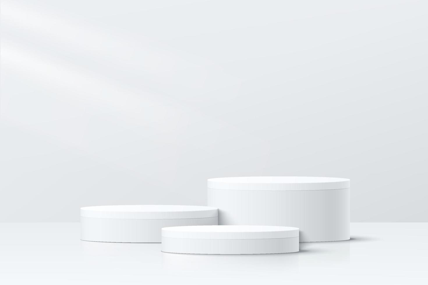 abstract wit en grijs 3d kamer met reeks van realistisch wit cilinder voetstuk podium. minimaal tafereel voor Product Scherm presentatie. meetkundig platform ontwerp. stadium voor vitrine. vector illustratie