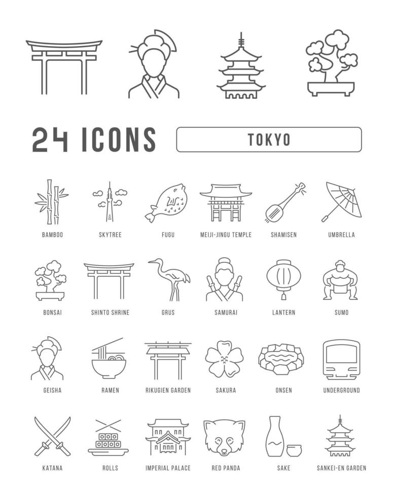 set van lineaire iconen van tokyo vector