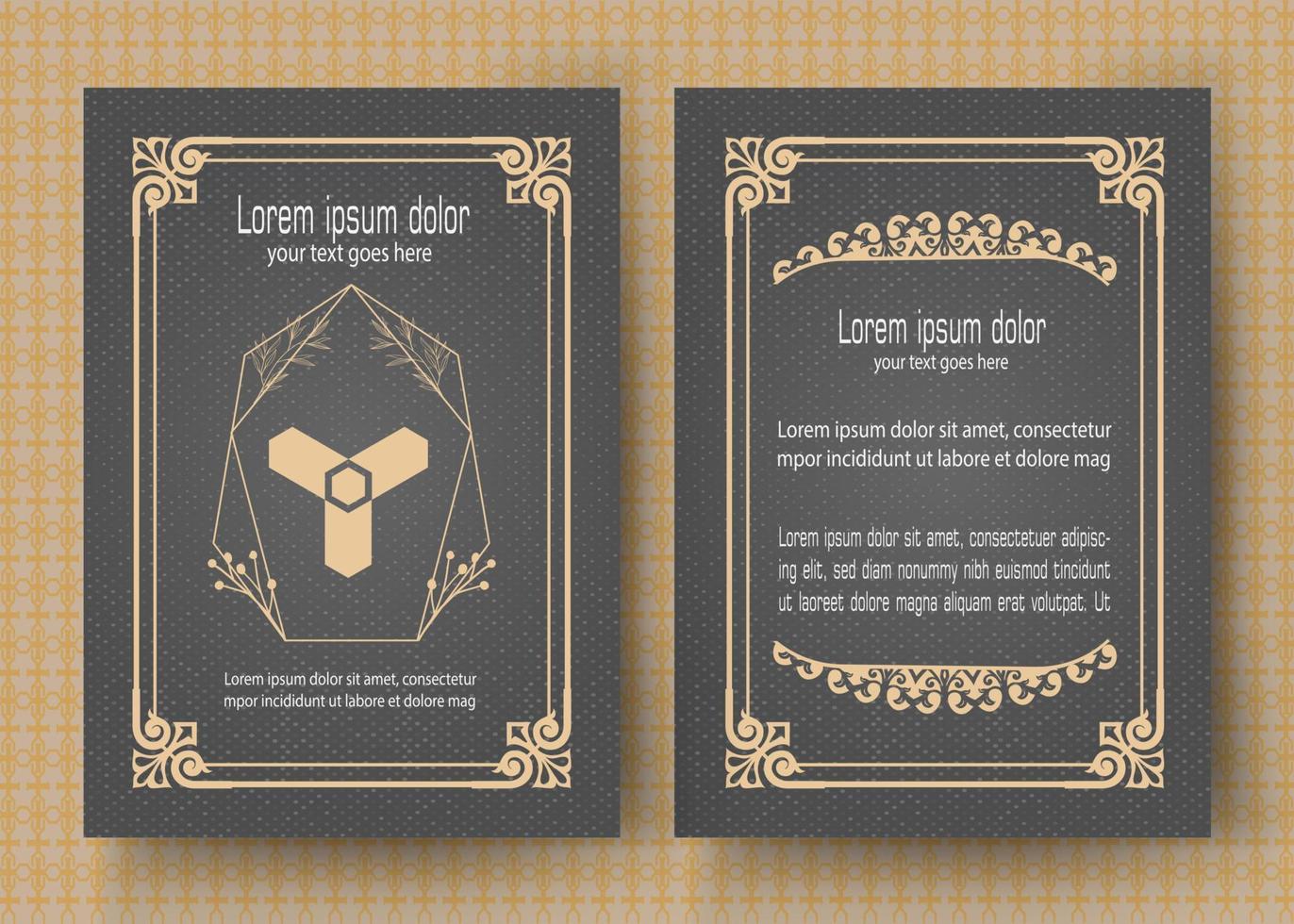 goud wijnoogst groet kaart met zwart achtergrond en glimmend dots textuur, luxe ornament sjabloon, ideaal voor uitnodigingen, flyers, menu's, brochures, ansichtkaarten, achtergronden, enz. vector