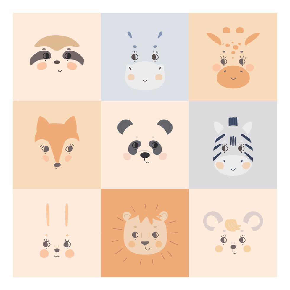 schattig gemakkelijk dier gezichten Aan kleurrijk achtergronden. portret van een tekenfilm grappig haas, zebra, panda, luiaard, giraffe, nijlpaard, leeuw, muis. vector voor baby kleren, kinderkamer, kind affiches.