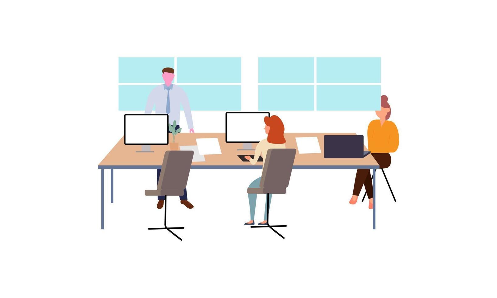 groep van kantoor arbeiders zittend Bij bureaus en communiceren of pratend naar elk andere vector