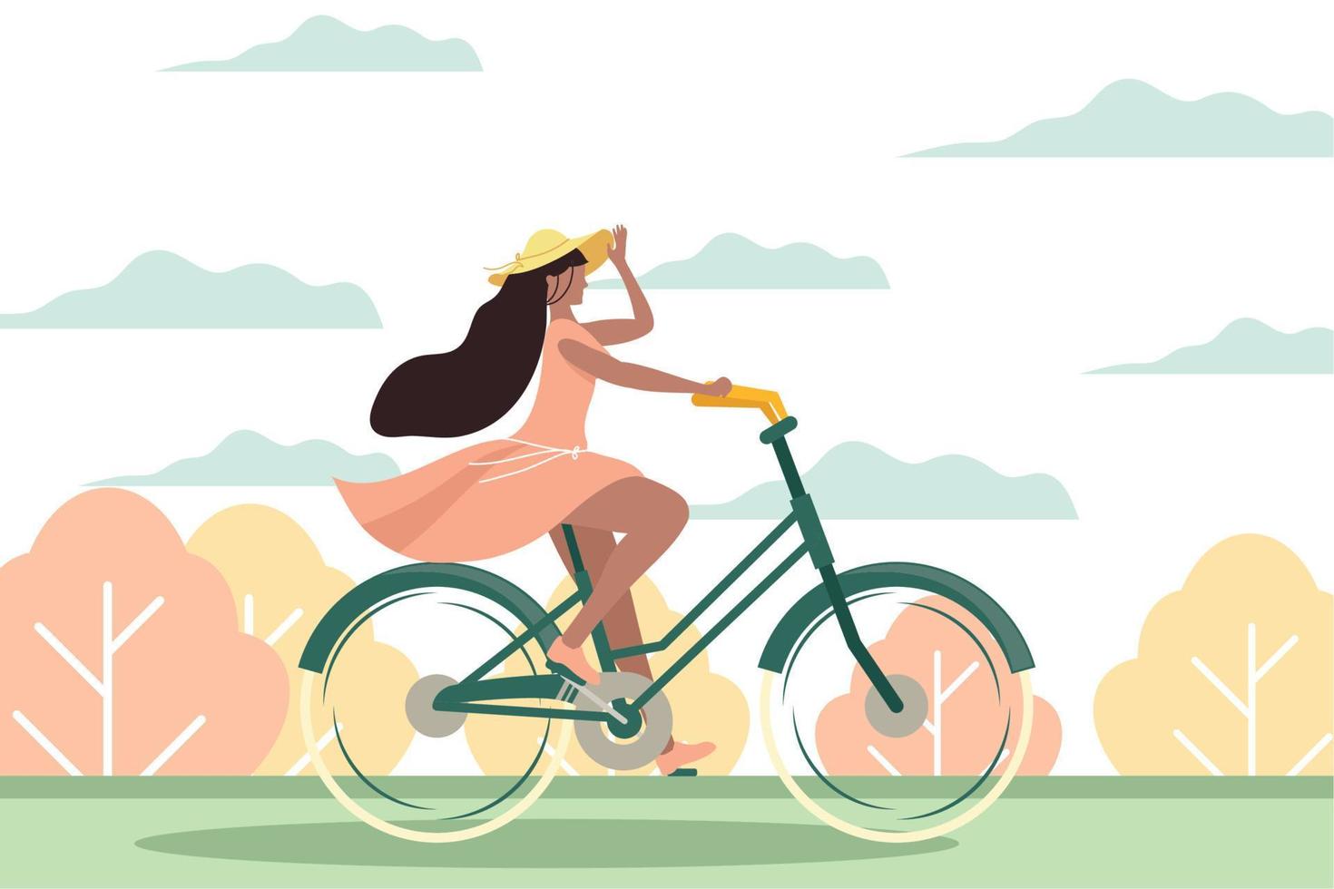 vrouw rijden fiets in landschap vector